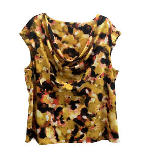 Tahari Blouse Women's 2XL Cowl Neck Cap Sleeves Abstract Yellow Brown Lines